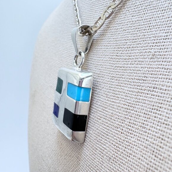 Sterling Silver 925 Multi Gemstone Southwestern Pendant Necklace Size 23" Length - Picture 4 of 16